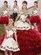 Wine Red Ball Gowns Off The Shoulder Sleeveless Organza Floor Length Lace Up Embroidery and Ruffled Layers 15 Quinceanera Dress