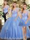 Custom Made Strapless Sleeveless Lace Up Quinceanera Gowns Light Blue Tulle