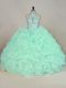 Sleeveless Fabric With Rolling Flowers Brush Train Lace Up Quinceanera Gowns in Apple Green with Beading and Ruffles