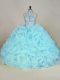 Sleeveless Fabric With Rolling Flowers Brush Train Lace Up Sweet 16 Quinceanera Dress in Aqua Blue with Beading and Ruffles