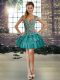 Teal Ball Gowns Beading Hoco Dress Lace Up Organza Sleeveless Mini Length
