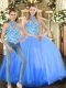 High End Halter Top Sleeveless Quinceanera Gown Floor Length Embroidery Blue Tulle