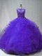 Discount Sleeveless Beading and Ruffles Lace Up Sweet 16 Dress with Purple Brush Train