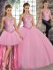 Pink Sleeveless Embroidery Floor Length Vestidos de Quinceanera