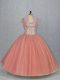 Floor Length Lace Up Quinceanera Gown Watermelon Red for Sweet 16 and Quinceanera with Beading
