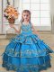 Blue Ball Gowns Embroidery and Ruffled Layers Pageant Dress Wholesale Lace Up Satin Sleeveless Floor Length