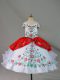 White And Red Satin and Organza Lace Up Off The Shoulder Sleeveless Floor Length Little Girls Pageant Dress Embroidery and Ruffles