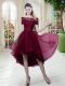Affordable Burgundy Tulle Lace Up Evening Dress Short Sleeves High Low Lace