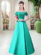 Suitable A-line Turquoise Off The Shoulder Satin Short Sleeves Floor Length Lace Up