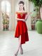 Designer Red Satin Zipper Off The Shoulder Sleeveless Asymmetrical Prom Dresses Appliques