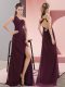 Sexy Satin One Shoulder Sleeveless Sweep Train Backless Beading and Lace Prom Dresses in Dark Purple