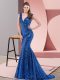 Stunning Royal Blue Lace Up V-neck Beading Dress for Prom Sequined Sleeveless Sweep Train
