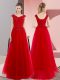 Red Lace Up V-neck Beading and Lace Prom Party Dress Tulle Short Sleeves Sweep Train