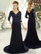 Pretty Navy Blue Zipper Evening Dress Beading and Lace and Appliques Half Sleeves Sweep Train