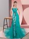 Teal Tulle Zipper Spaghetti Straps Sleeveless Dress for Prom Sweep Train Beading and Lace
