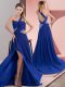 Elegant Royal Blue Sleeveless Sweep Train Beading and Ruching Prom Dresses