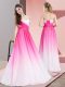 Floor Length Lace Up Prom Gown Pink And White for Prom and Party with Ruching