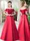 Superior Floor Length Lace Up Evening Gowns Red for Prom and Party with Belt