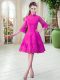 3 4 Length Sleeve Knee Length Lace Zipper Homecoming Dress with Fuchsia
