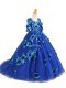 Blue Tulle Zipper V-neck Half Sleeves Child Pageant Dress Brush Train Beading and Appliques