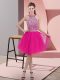 High Quality Hot Pink Backless Halter Top Beading Prom Gown Organza Sleeveless
