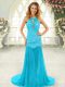 Aqua Blue Sleeveless Chiffon Brush Train Backless Dress for Prom for Prom and Party
