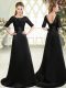 Glamorous Scalloped Half Sleeves Evening Dress Sweep Train Beading and Appliques Black Elastic Woven Satin