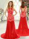 Cheap Red Chiffon Backless Scoop Sleeveless Dress for Prom Brush Train Lace