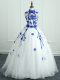 Simple Floor Length Zipper Ball Gown Prom Dress White for Military Ball and Sweet 16 and Quinceanera with Appliques