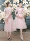 Inexpensive Pink A-line Tulle Scoop Half Sleeves Lace Tea Length Zipper Prom Dresses