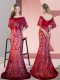 Most Popular Red Mermaid Off The Shoulder Half Sleeves Sequined Sweep Train Lace Up Lace Prom Dresses