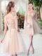 Superior Mini Length Champagne Evening Dress Tulle Short Sleeves Appliques