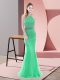 High Quality Tulle Halter Top Sleeveless Sweep Train Backless Beading Evening Dress in Green