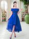 A-line Prom Dresses Royal Blue Off The Shoulder Tulle Short Sleeves High Low Lace Up