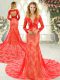 Red Mermaid Scoop Long Sleeves Tulle Court Train Backless Lace Prom Dress