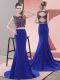 Superior Satin Scoop Sleeveless Sweep Train Lace Up Beading Formal Evening Gowns in Royal Blue