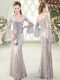Floor Length Silver Sequined Long Sleeves Ruching