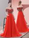Wonderful Sweep Train A-line Prom Gown Red Off The Shoulder Short Sleeves Lace Up