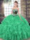 Simple Green Lace Up Quinceanera Gowns Embroidery and Ruffles Sleeveless Sweep Train