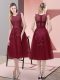 Exquisite Beading and Lace and Appliques Prom Dress Burgundy Lace Up Sleeveless Tea Length
