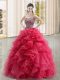 Adorable Sweetheart Sleeveless 15 Quinceanera Dress Floor Length Beading and Ruffles Coral Red Organza