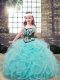 Sleeveless Tulle Floor Length Lace Up Pageant Dress for Teens in Aqua Blue with Embroidery and Ruffles