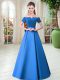 Blue Lace Up Prom Gown Belt Short Sleeves Floor Length