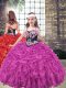 Fuchsia Lace Up Straps Embroidery and Ruffled Layers Kids Pageant Dress Organza Sleeveless