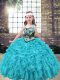 Aqua Blue and Turquoise Pageant Dress for Teens Party and Wedding Party with Embroidery and Ruffles Straps Sleeveless Lace Up