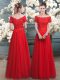 Dynamic Red A-line Off The Shoulder Short Sleeves Tulle Floor Length Lace Up Lace Womens Evening Dresses