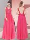 High Quality Hot Pink Sleeveless Floor Length Lace Backless Homecoming Dress