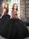 Scoop Sleeveless Pageant Gowns For Girls Floor Length Embroidery Black Tulle