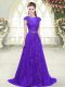 Purple Prom Gown Scoop Cap Sleeves Brush Train Zipper