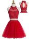 Best Halter Top Sleeveless Tulle Prom Dresses Beading and Appliques Zipper